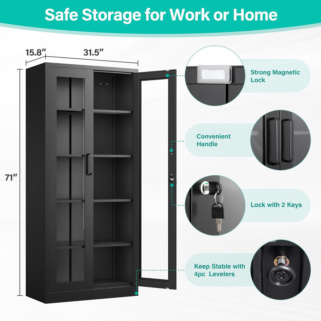 Metal Storage Cabinet with Lock and Glass Doors,Glass Display Cabinet,Black Storage Cabinets,Locking Curio Cabinets with 5 Shelves for Collectibles,Home,Office,Living Room