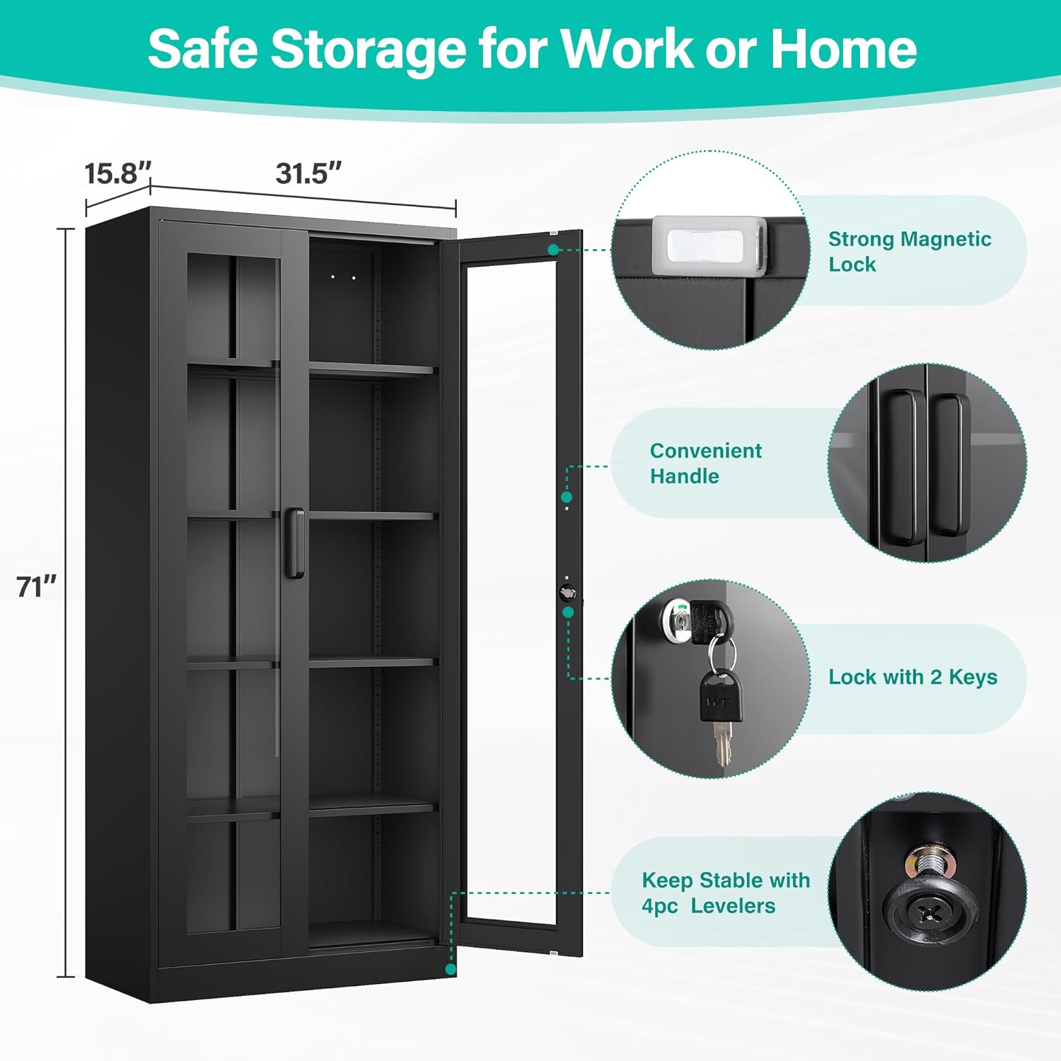 Metal Storage Cabinet with Lock and Glass Doors,Glass Display Cabinet,Black Storage Cabinets,Locking Curio Cabinets with 5 Shelves for Collectibles,Home,Office,Living Room