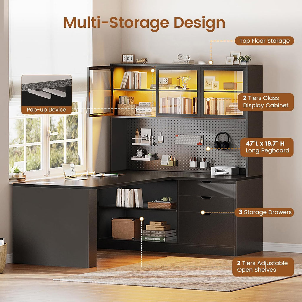 SEDETA L Shaped Computer Desk, L Shaped Corner Gaming Desk with 3 Wood Drawer and Large Bookshelf, Home Office Desk with LED Light, Display Cabinet and Pegboard, 27.5' W Large Desktop Table, Black