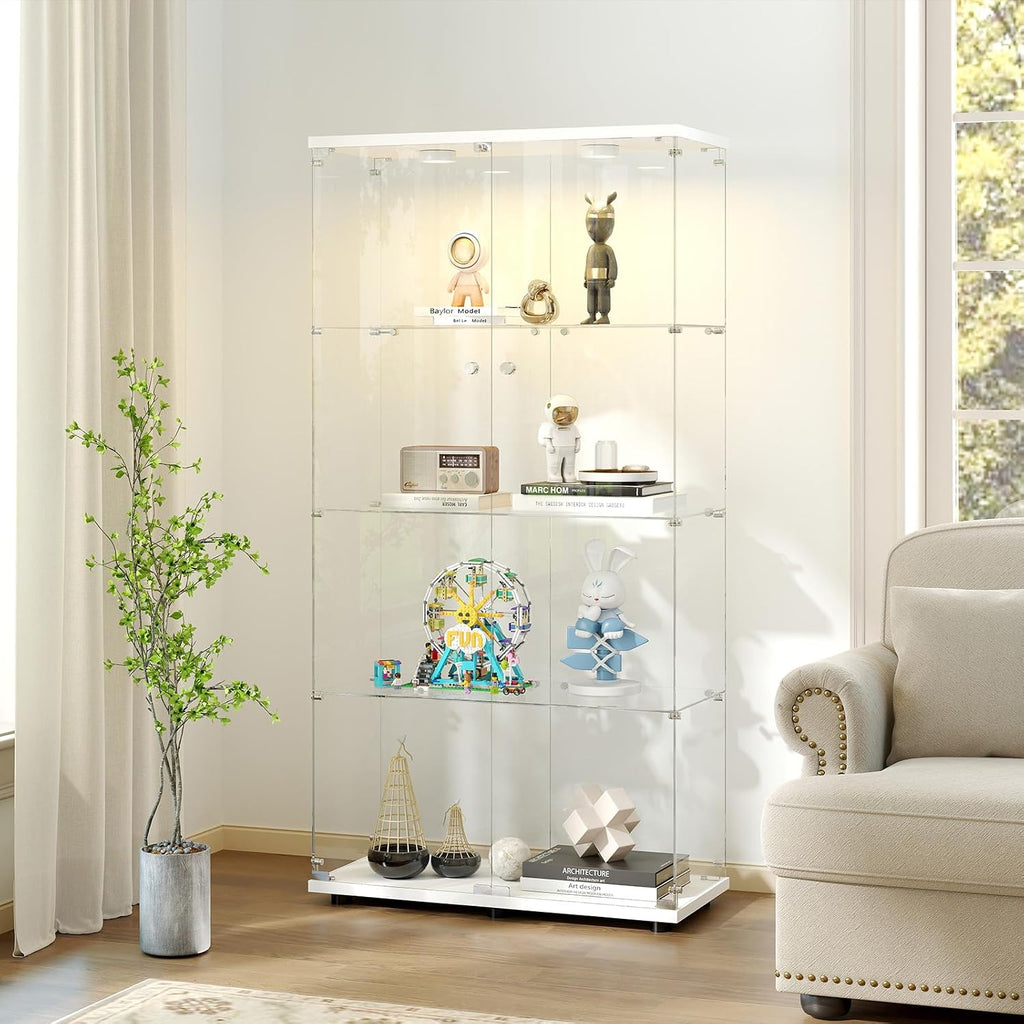 Zevemomo Tempered Glass Display Cabinet with Lights, 4-Tier Curio Cabinet with Glass Doors and Lock, Glass Display Case for Collectibles, for Living Room, Bedroom, Office, Double Door, White