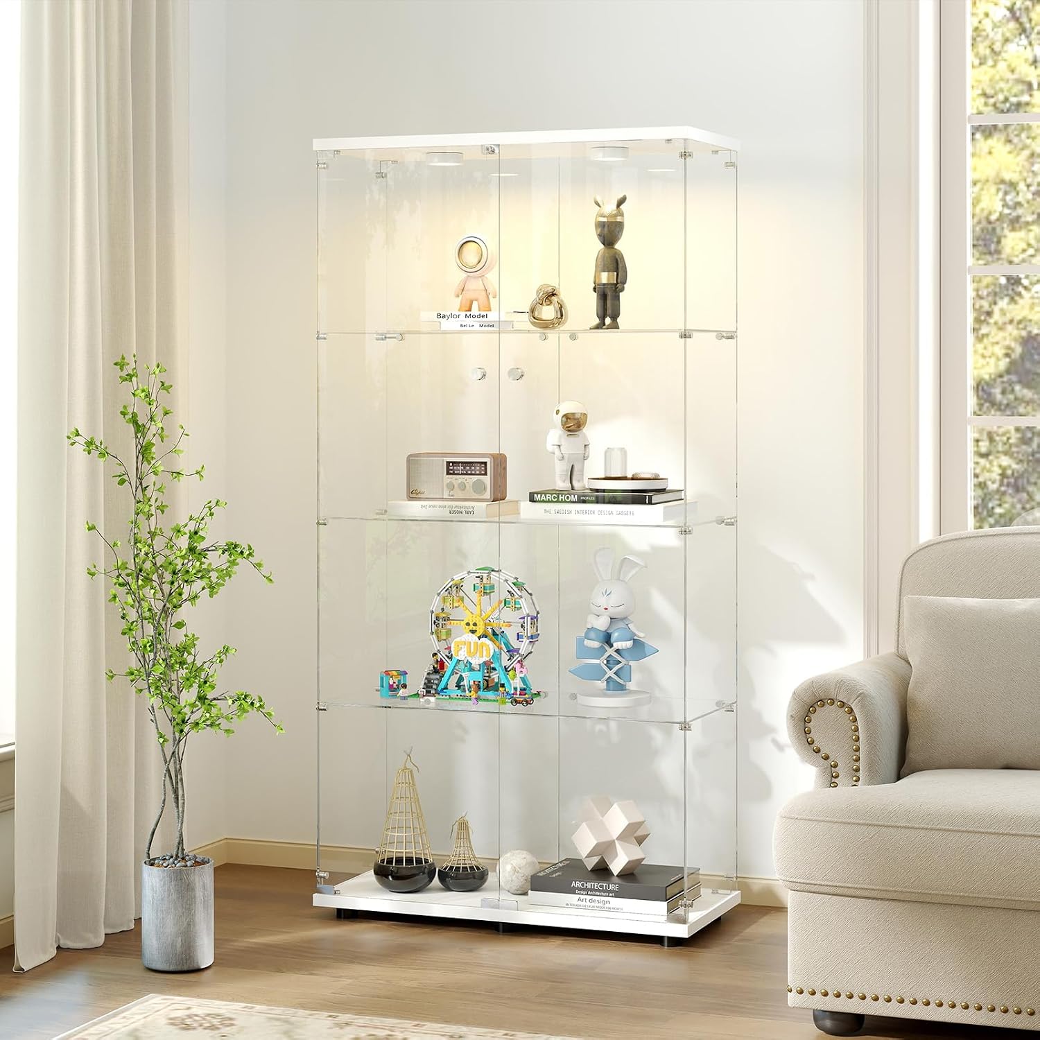 Zevemomo Tempered Glass Display Cabinet with Lights, 4-Tier Curio Cabinet with Glass Doors and Lock, Glass Display Case for Collectibles, for Living Room, Bedroom, Office, Double Door, White