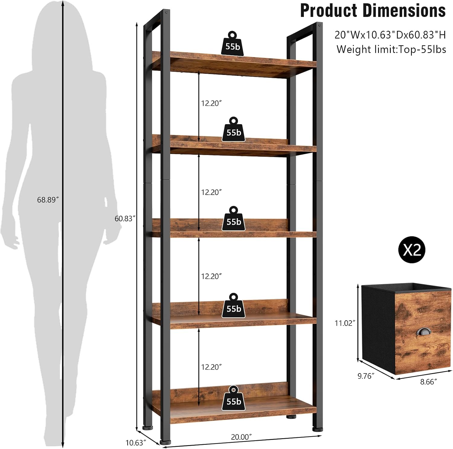 Furologee 5-Tier Bookshelf Set of 2,Tall Bookcase with 2 Drawers and Shelves, Industrial Display Free Standing Shelf Units, Storage Rack Organizer for Bedroom, Living Room, Home Office, Rustic Brown