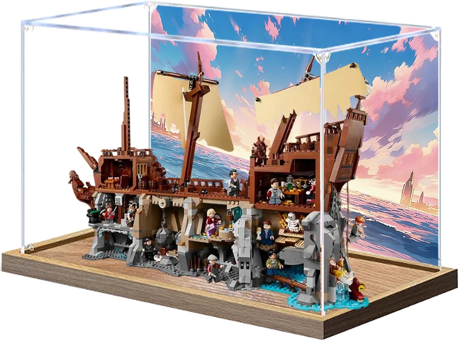 Acrylic Display Case for Lego 21363 The Goonies Pirate Ship Building Set– Dustproof Display Box, Display Box Compatible with Lego 21363-Only Display case (Back Spray Wooden Base 2)