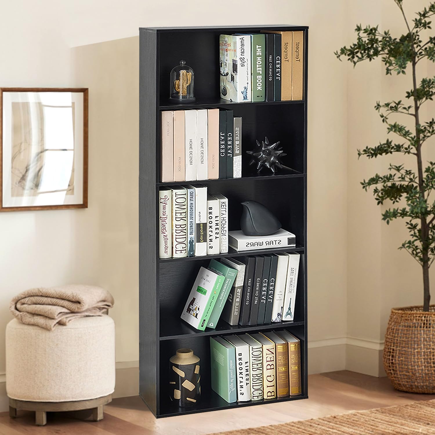 5-Tier Open Bookshelves and Bookcases Set of 2, Farmhouse Bookshelf with Display Storage Shelves, Wooden Bookcase for Living Room, Home Office, Bedroom, Black