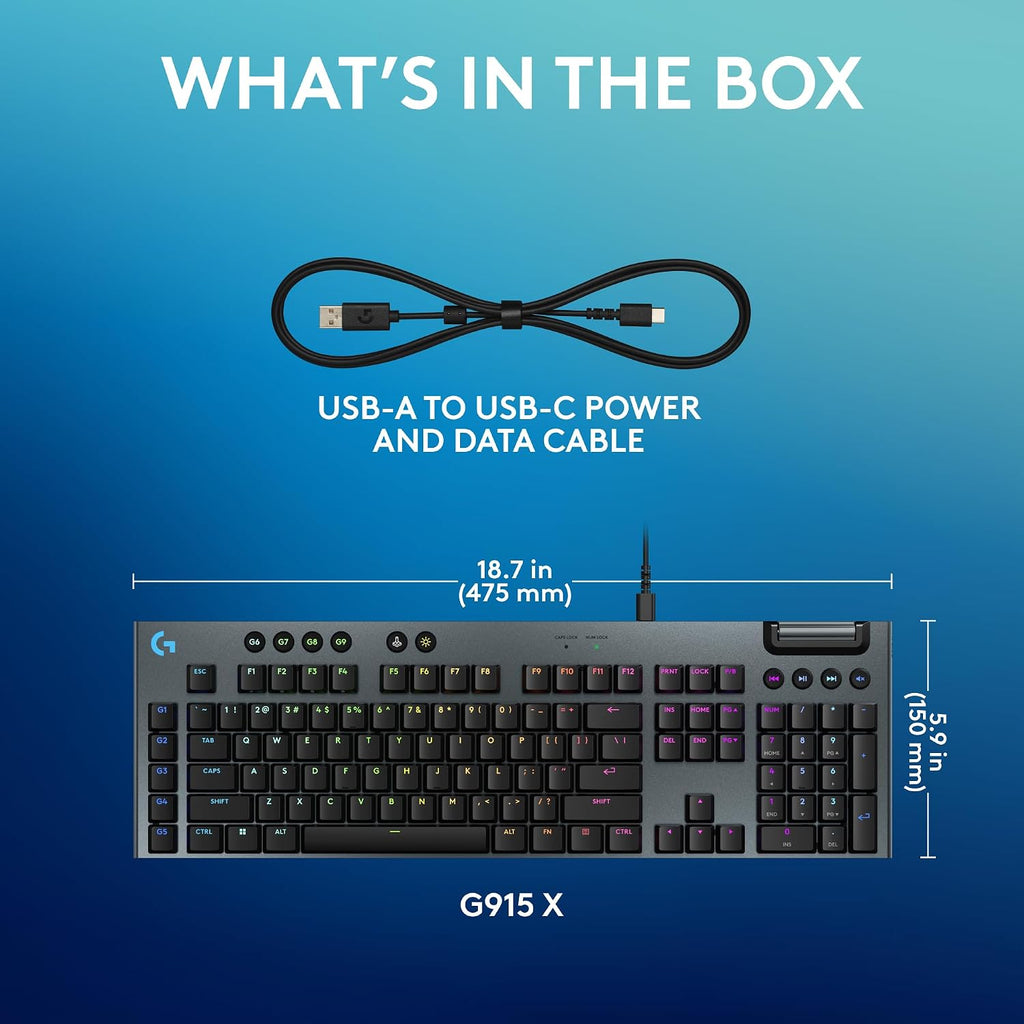 Logitech G915 X Low-Profile Wired Mechanical Gaming Keyboard, Double-Shot PBT Keycaps, Fully Programmable Keys, RGB Lighting, Aluminum Finish, GL Red Linear Switches - PC/Mac
