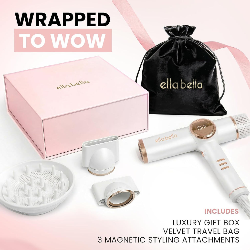 ELLA BELLA® Professional Ionic Hair Dryer with Diffuser • Negative Ion Blow Dryer • Suitable All Hair Types • Intelligent Heat Control & Rapid Drying Speeds • Lightweight Design • Low Noise Technology