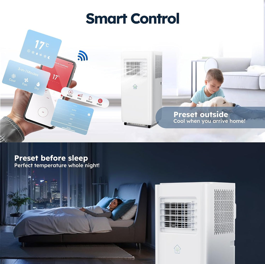 8,000 BTU Portable Air Conditioner with Smart Wi-fi APP, Auto-Evaporation Portable AC Unit with 3 Modes 2 Speeds/APP/Fast Cooling/Energy Saving / 24Hrs Timer for Bedroom/Office