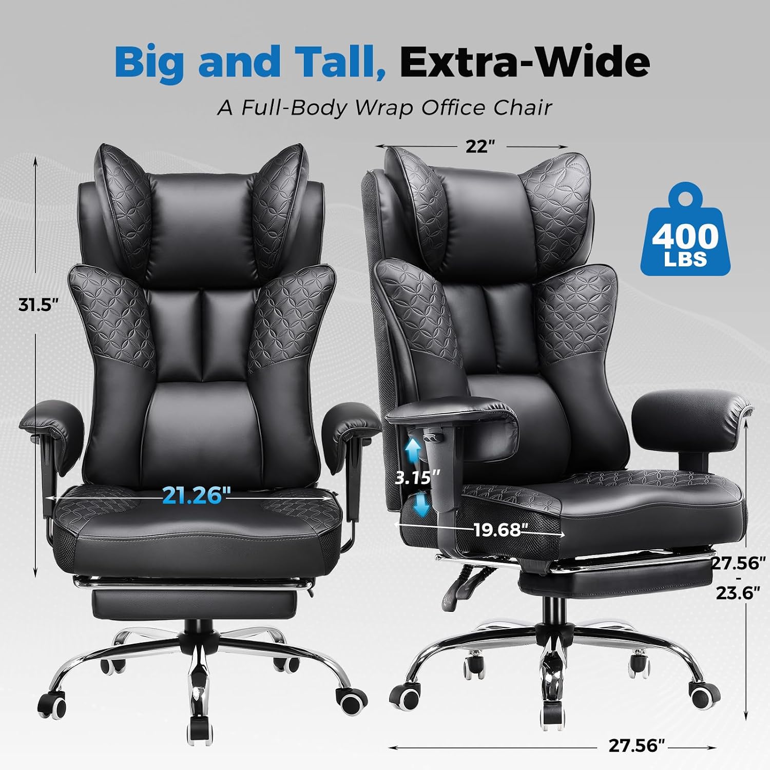 GTPLAYER Big and Tall Office Chair Wide Ergonomic Gaming Chair with Deluxe Embossing Designed Leather with Foot Rest,150°Reclining Adjustable Soft Armrests Pocket Spring Back Support and Pillow