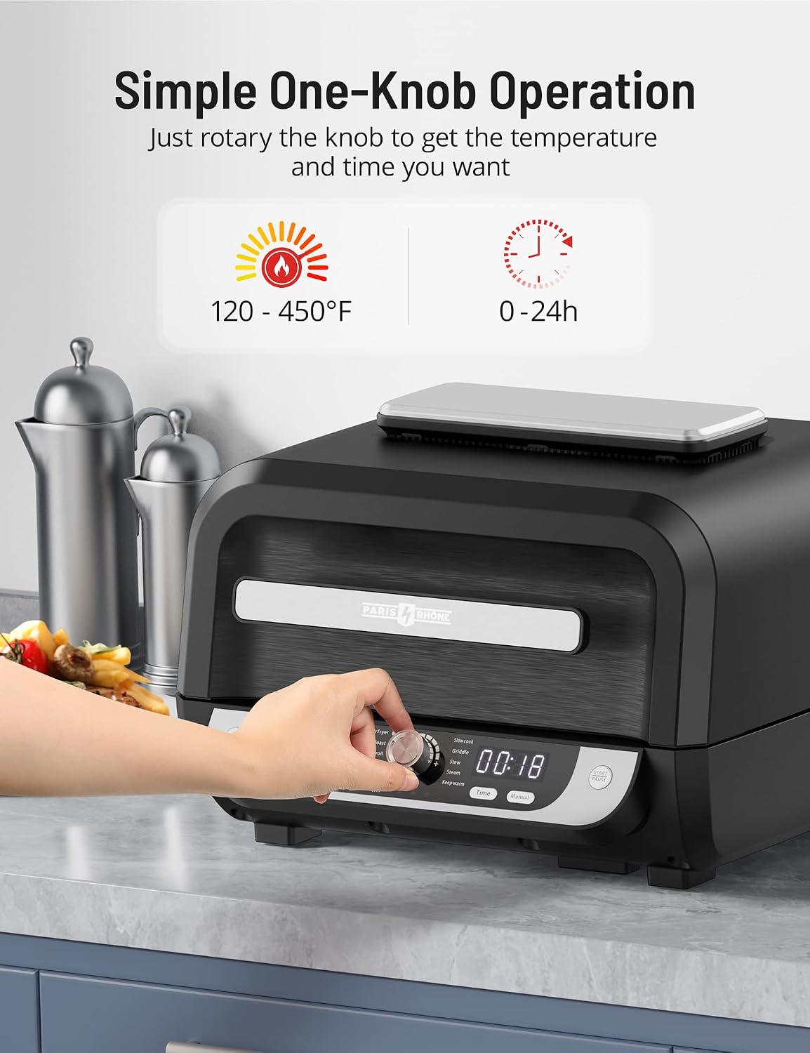Paris Rhône Smokeless Indoor Grill & Air Fryer Combo, 12-in-1, Grill, Griddle, Air Fry, Broil, Bake, Crisp, Roast, Dehydrate, and more, Dual Heating Elements, Smart Thermostat, Easy Knob Control