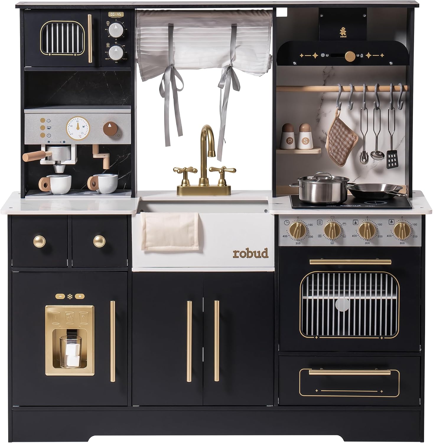 ROBUD Wooden Play Kitchen Set for Kids and Toddlers with Coffee Machine, Ice Maker, Microwave, Oven, Large Cabinet, 12 Accessories, Gift for 3+, Black