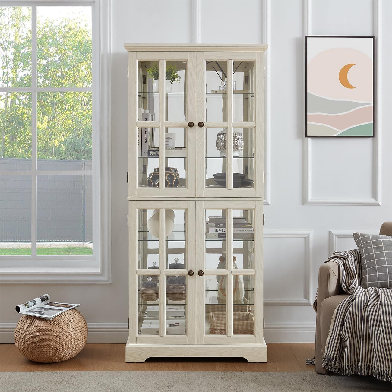 Lighted Glass Curio Cabinet with Lights & Adjustable Shelves,Curio Display Cabinet with Wood Frame & Glass Door,Corner Antique Display Case for Kitchen,Living Room,Office