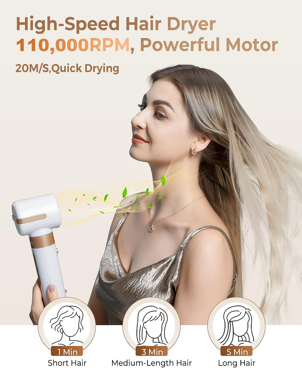UKLISS Hair Dryer Brush 7 in 1，110000 RPM Hair Dryer with Diffuser for Curly & Twisted Hair Professional Ionic Brush Blow Dryer for Salon-Quality Styling, White Gold