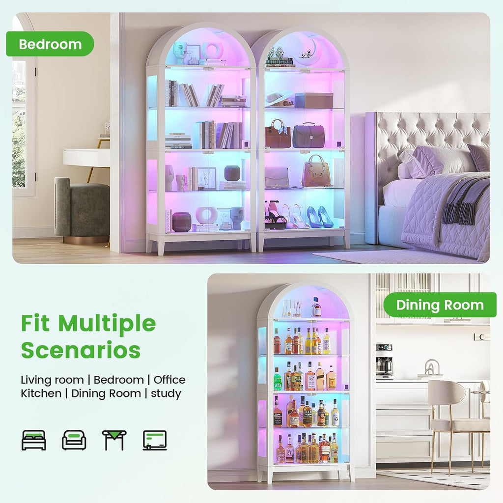 HNEBC Arched Book Shelf with Glass Doors, LED Bookcase with RGB Lights, 5 Tier Cabinet Has 9-Cube Storage, 69' Display Cabinet for Music-Synced Lighting Living Room,Bedroom(White)