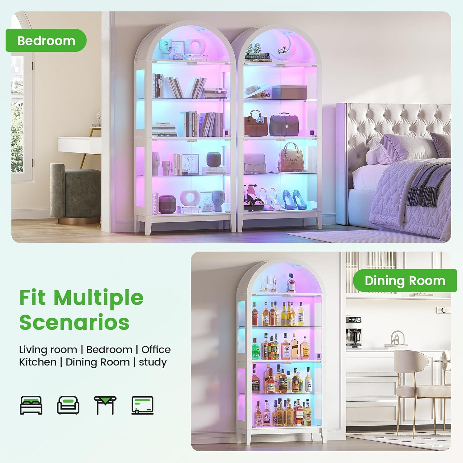 HNEBC Arched Book Shelf with Glass Doors, LED Bookcase with RGB Lights, 5 Tier Cabinet Has 9-Cube Storage, 69' Display Cabinet for Music-Synced Lighting Living Room,Bedroom(White)