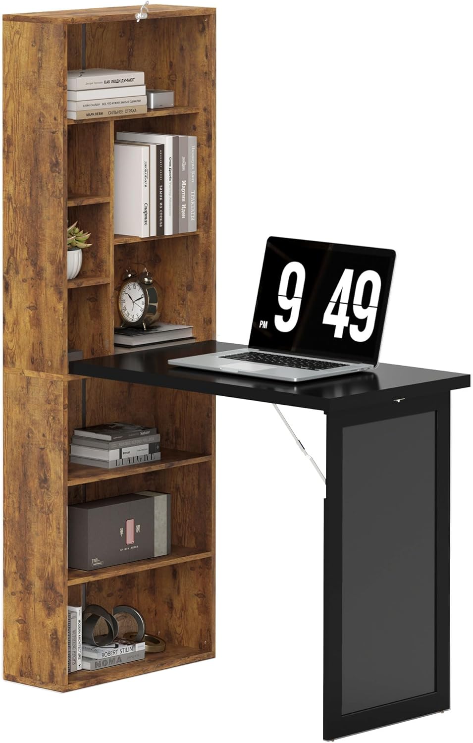HOMCOM Foldable Convertible Writing Table, Wall Mounted Space-Saving Computer Desk with Chalkboard and Storage Shelves for Small Spaces, Home Office, Bedroom, Dorm, Apartment, Rustic Brown