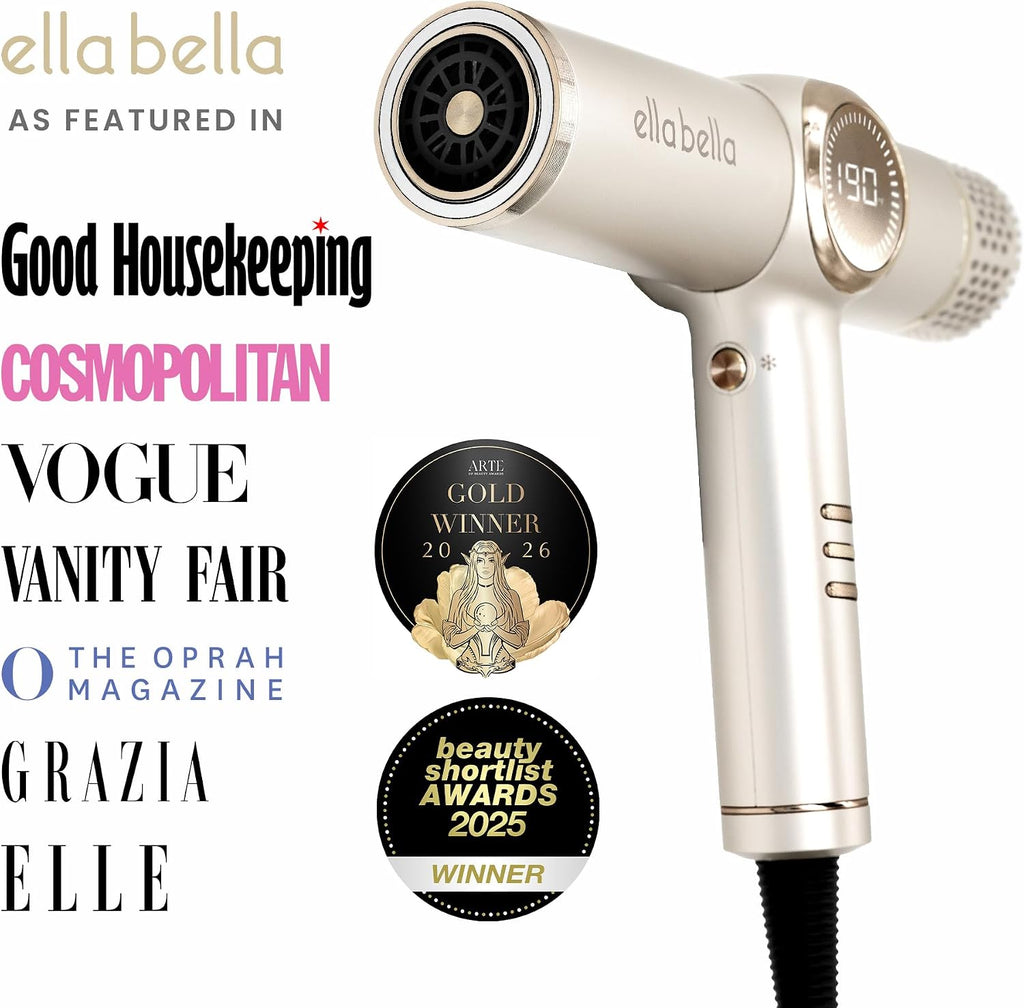 ELLA BELLA® Professional Ionic Hair Dryer with Diffuser • Negative Ion Blow Dryer • Suitable All Hair Types • Intelligent Heat Control & Rapid Drying Speeds • Lightweight Design • Low Noise Technology