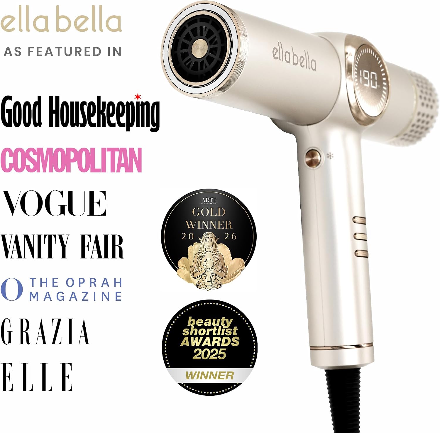 ELLA BELLA® Professional Ionic Hair Dryer with Diffuser • Negative Ion Blow Dryer • Suitable All Hair Types • Intelligent Heat Control & Rapid Drying Speeds • Lightweight Design • Low Noise Technology