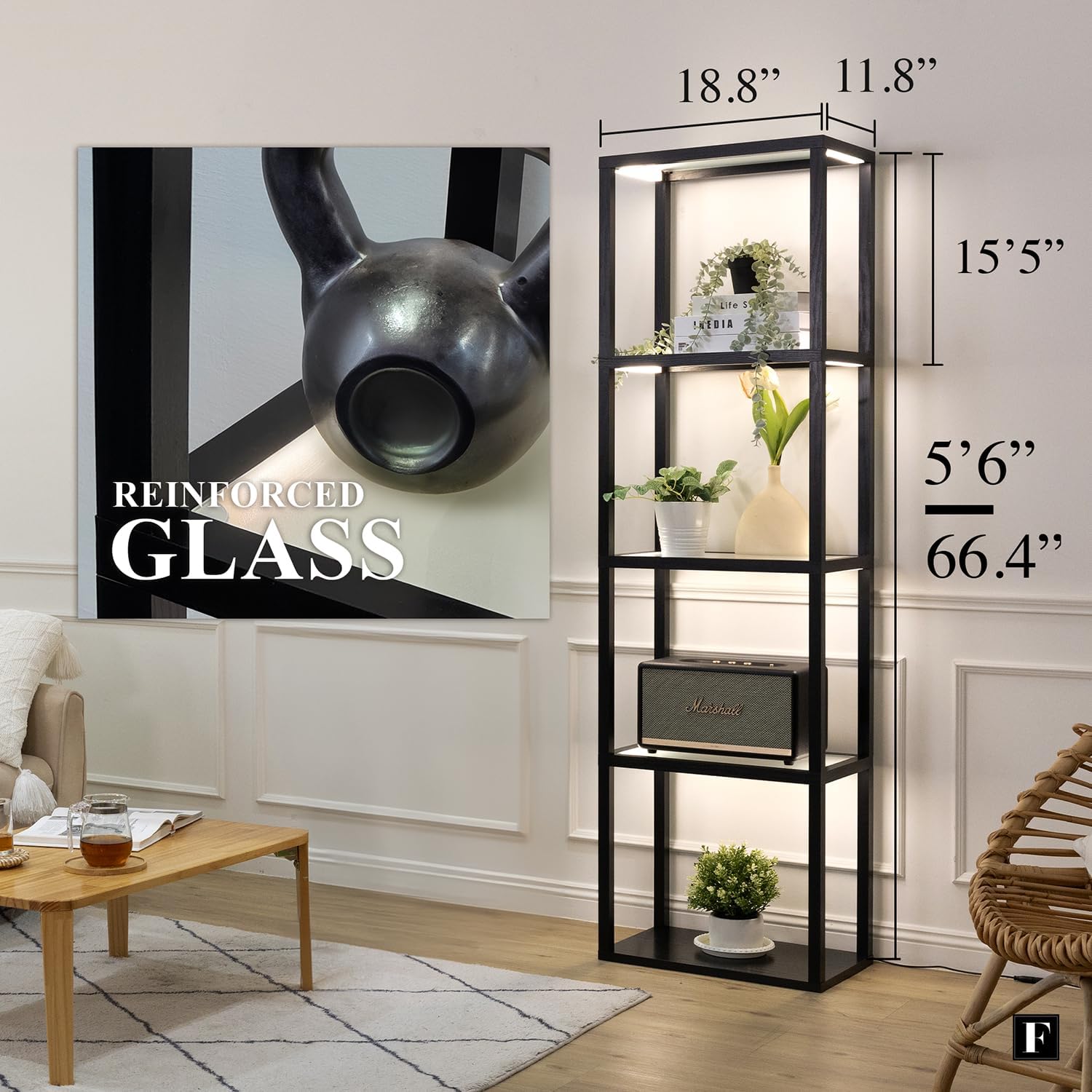 LED Display Shelf with Lights – Glass Display Cabinet for Collectibles with Dimmable Lighting, App & Remote Control – 66' Curio Shelf Floor Lamp with Adjustable Color Temps – FENLO Fantasy Plus Pro