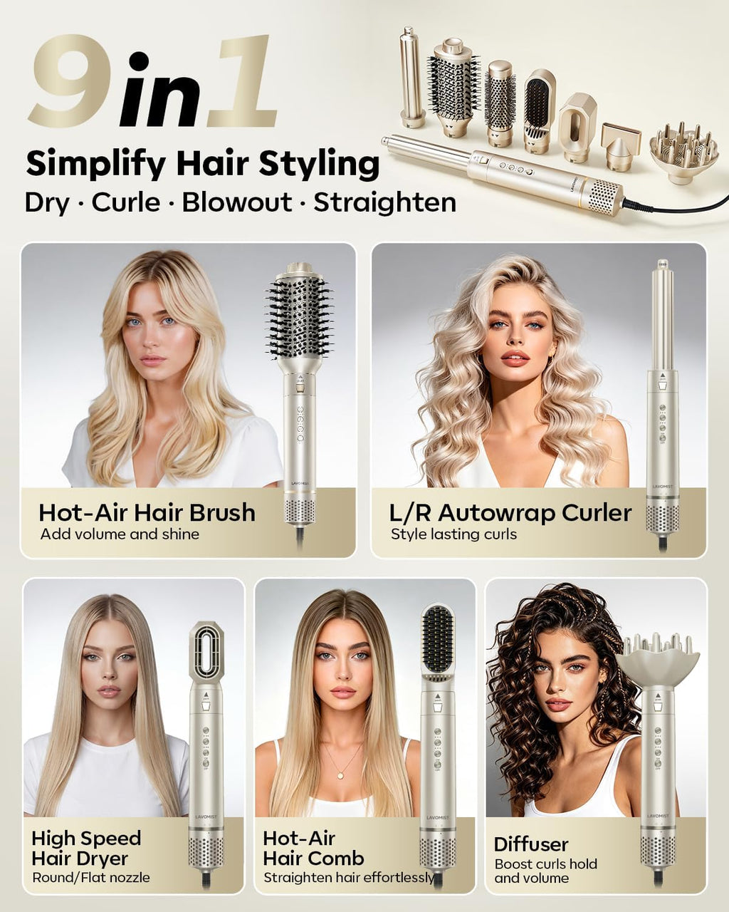 9-in-1 Dual Voltage Hot Air Styler & Hair Dryer Brush (100-240V) with Straightener & Curler Attachments, 110,000 RPM Ionic Fast Drying for Frizz-Free Styling, Gifts for Mom Women