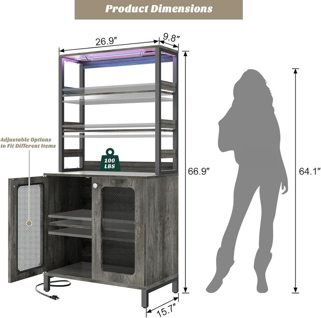 Aheaplus Bar Cabinet with Power Outlets, 67' Tall Wine Bar Cabinet Liquor Cabinet with LED Lights and Glass Holder, Coffee Bar Station for Living Room, Microwave Stand Bakers Rack Cabinet, Black Oak