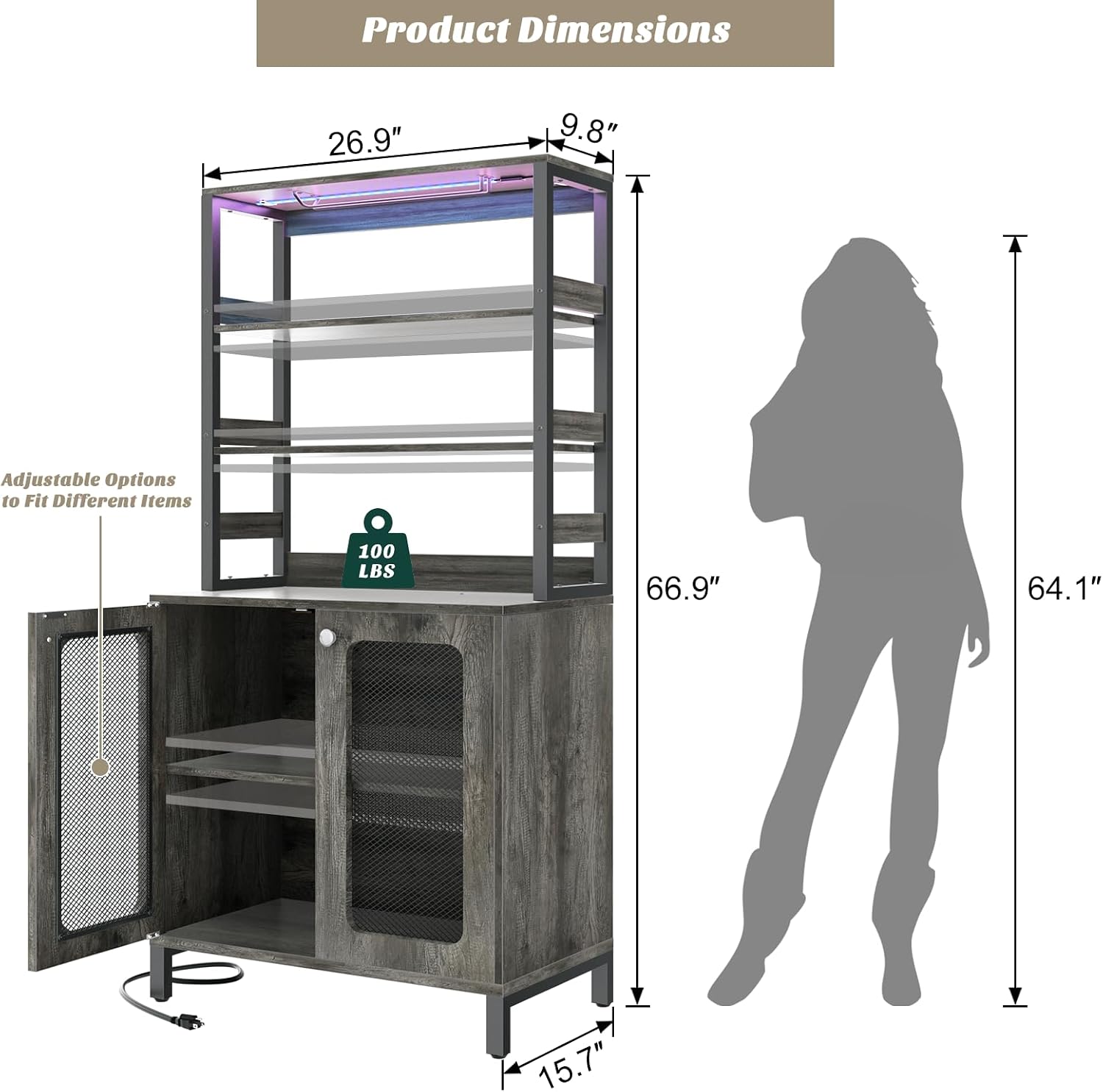 Aheaplus Bar Cabinet with Power Outlets, 67' Tall Wine Bar Cabinet Liquor Cabinet with LED Lights and Glass Holder, Coffee Bar Station for Living Room, Microwave Stand Bakers Rack Cabinet, Black Oak