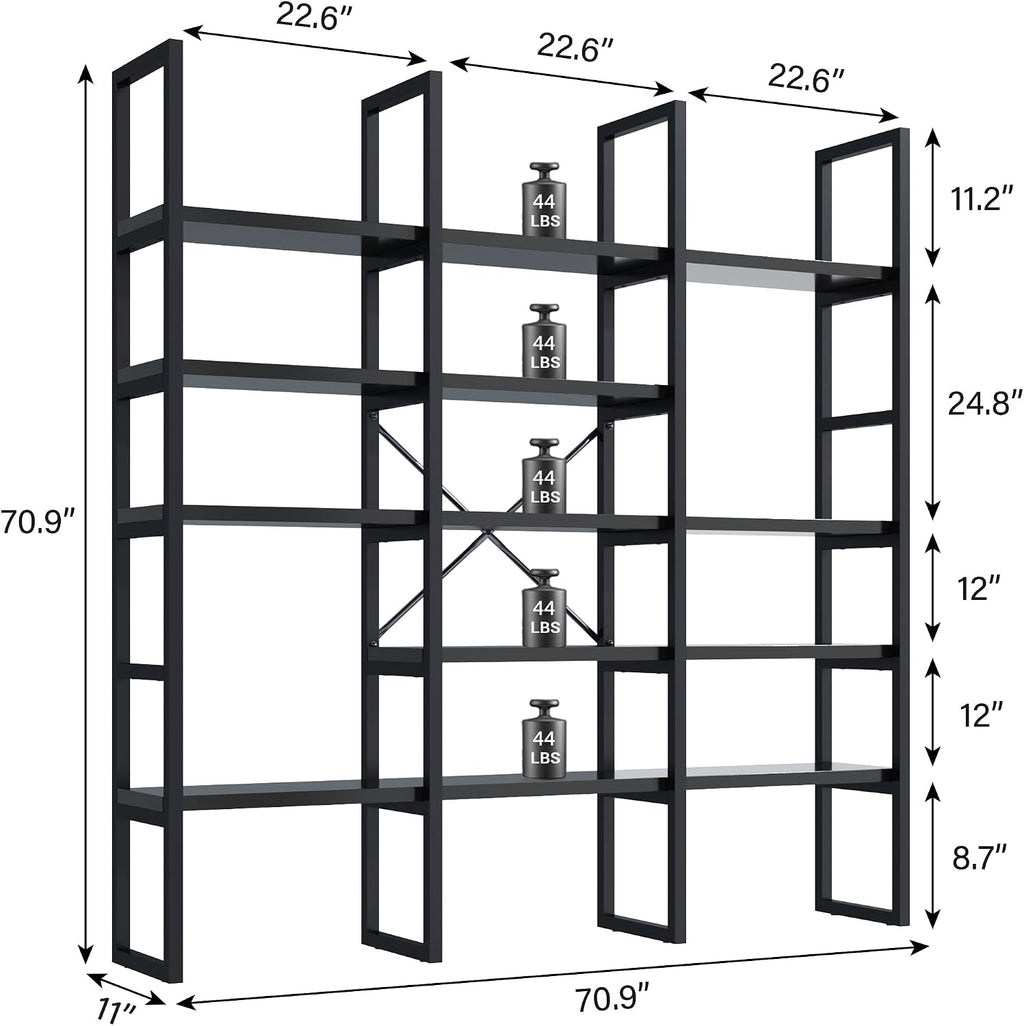 Large Bookshelf 5 Tiers, Triple Wide Geometric Bookcase, 71 Inches Tall Industrial Book Shelves Etagere Book Case, Sturdy Metal Frame, Freestanding Display Shelving Unit (Black)