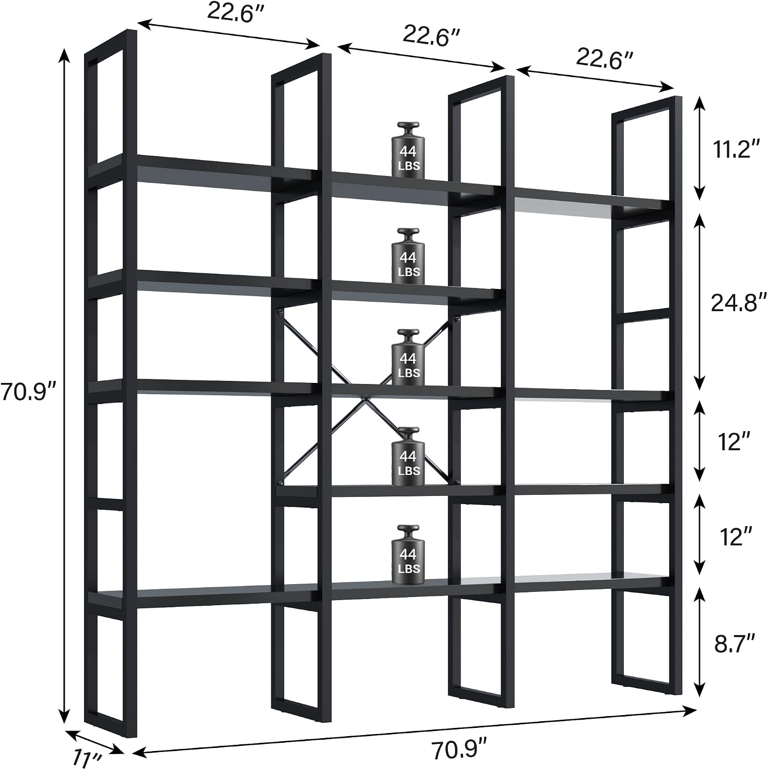 Large Bookshelf 5 Tiers, Triple Wide Geometric Bookcase, 71 Inches Tall Industrial Book Shelves Etagere Book Case, Sturdy Metal Frame, Freestanding Display Shelving Unit (Black)