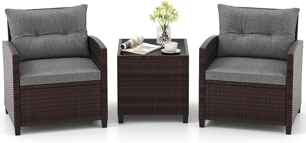 Tangkula 3 Pieces Patio Furniture Set, PE Rattan Wicker 3 Pcs Outdoor Sofa Set w/Washable Cushion and Tempered Glass Tabletop, Conversation Furniture for Garden Poolside Balcony (Grey)
