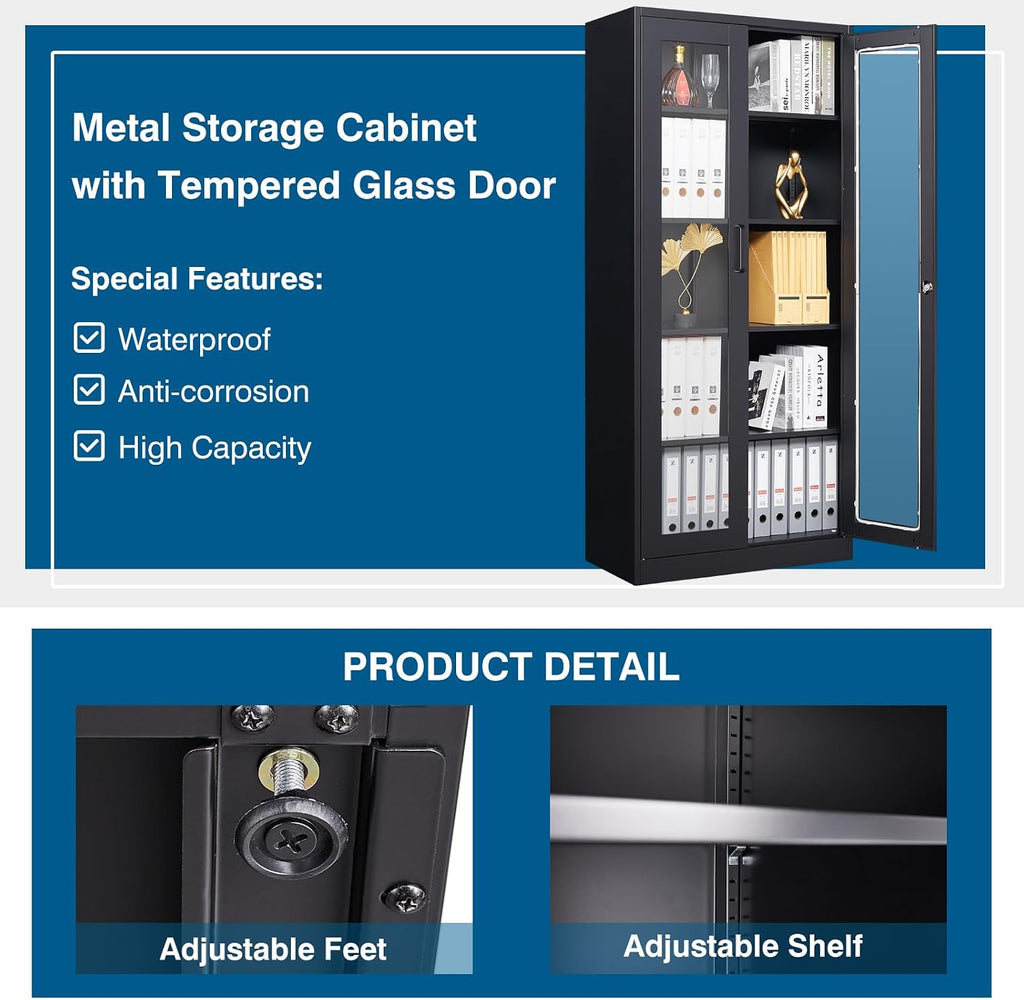 PEUKC Display Cabinet with Glass Doors, 71 Inches Metal Curio Storage Cabinets with 4 Adjustable Shelves, Locking Glass Cabinet Display Case for Home, Office, Clinic, Pantry (Black)