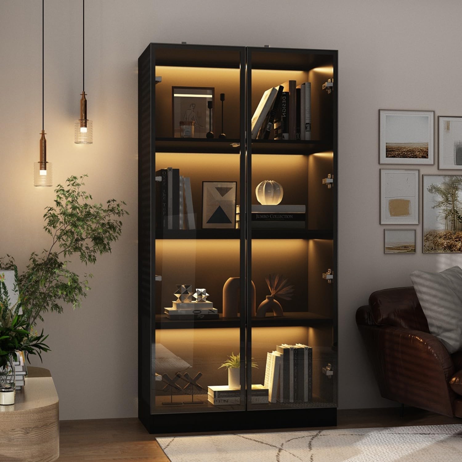 Display Cabinet with Lights, Glass Cabinet with Doors and 4 Tier Shelves, Bookcase Display Case for Collectible, Living Room Office, Black 31.5'W x 15.7'D x 63'H