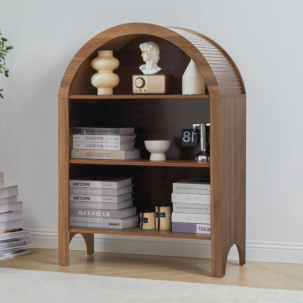 Janmer Home Freestanding Arched Bookcase, Modern 3-Tier Open Bookshelf, Low Short Bookshelf with Adjustable Shelves, Arched Storage Display Cabinet Organizer for Office, Living Room (Walnut, 1pcs)