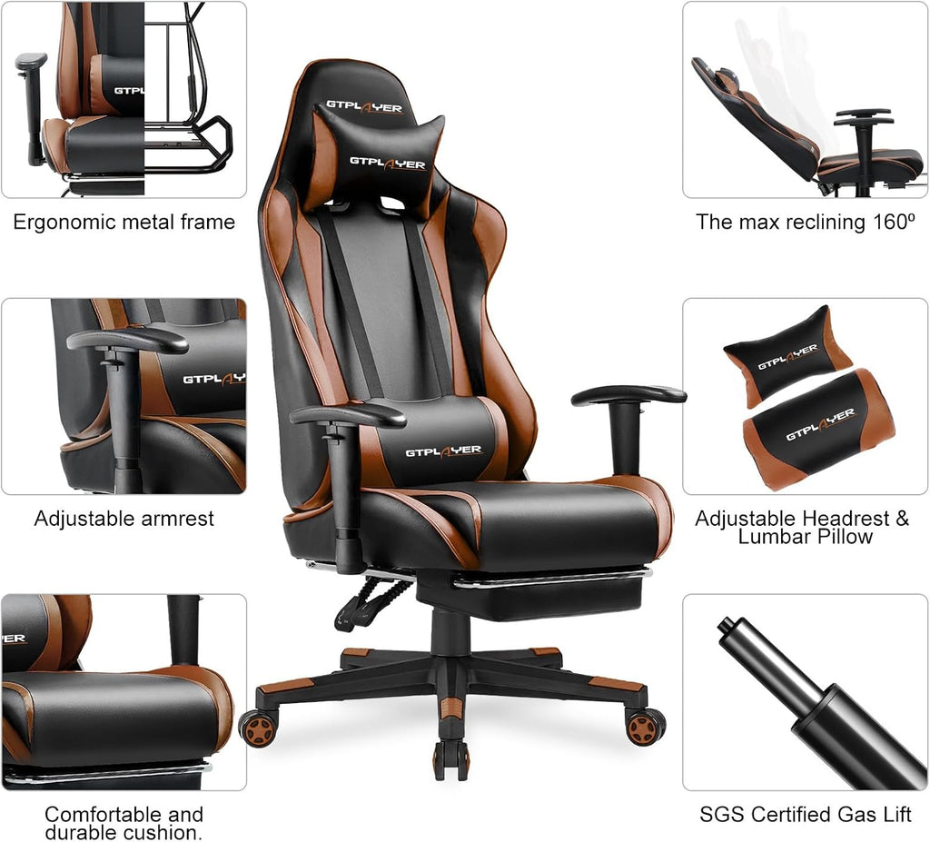 GTPLAYER Gaming Chair with Footrest, Ergonomic Computer Game Desk Chair, Reclining Gaming Chair Seat Height Adjustment, Swivel Rocker with Headrest and Lumbar (Brown)