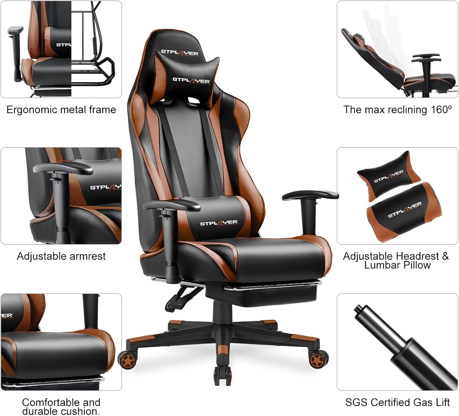 GTPLAYER Gaming Chair with Footrest, Ergonomic Computer Game Desk Chair, Reclining Gaming Chair Seat Height Adjustment, Swivel Rocker with Headrest and Lumbar (Brown)