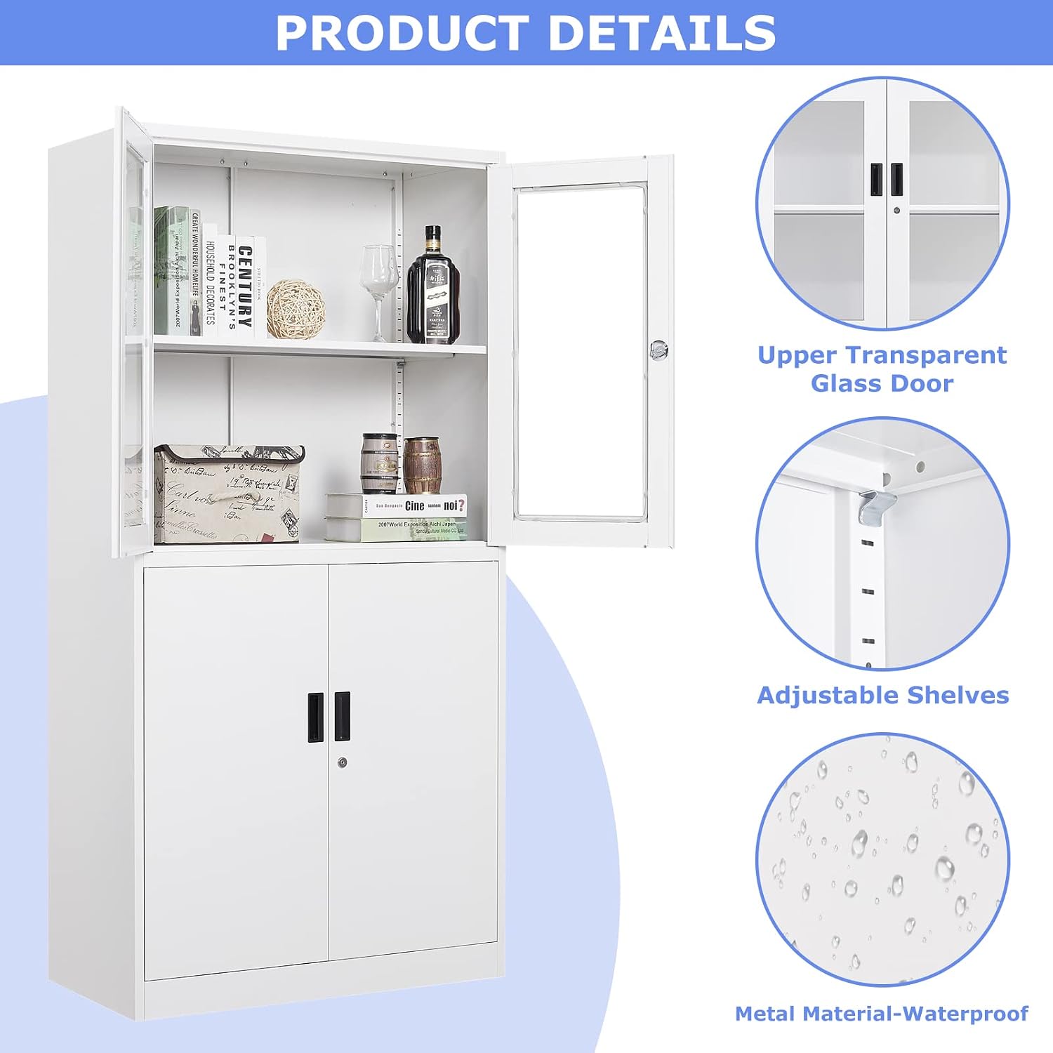 4 Door Display Cabinet with Adjustable Shelves, 71' Tall Display Cabinets with Glass Door, White Metal Display case, Locking Steel Storage Caninet for Home/Office/Living Room -Assembly Required