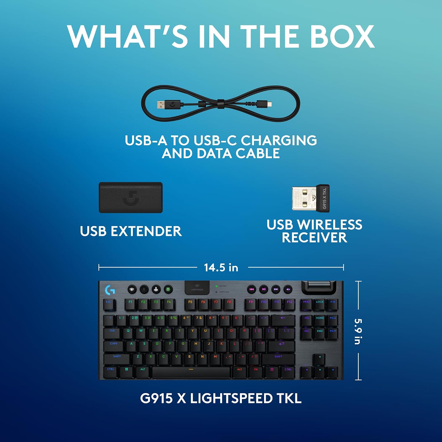 Logitech G915 X Lightspeed TKL Low-Profile Wireless Gaming Keyboard, Double-Shot PBT Keycaps, Fully Programmable Keys, RGB Backlighting, Sleek Aluminum Finishing, GL Blue Clicky - PC/Mac - Black