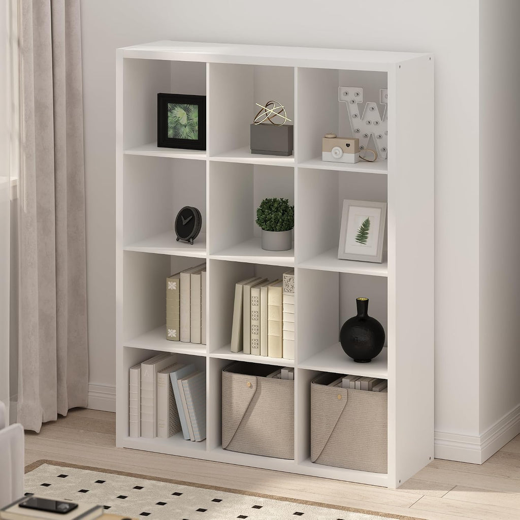 Furinno Simple Cube Storage Organizer, 12-Cube Display Shelf, Open Back Shelving Unit, Storage Shelves, Extra Thick Frame, for Organization and Storage, Living Room, Home Office, White