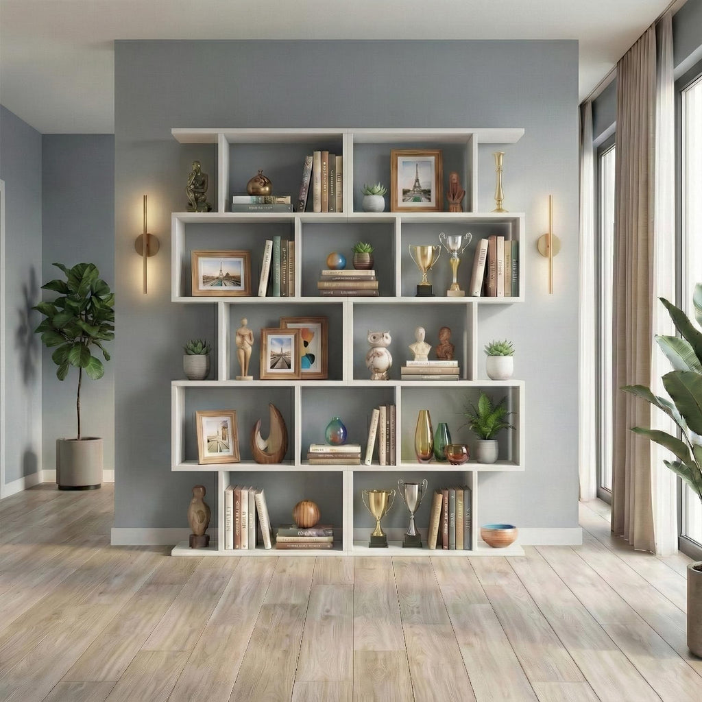 DIYART 5-Tier Geometric Bookcase (Set of 2), 62.6' Tall S-Shaped Bookshelf & Room Divider, Modern White Freestanding Display Shelving Unit for Living Room, Hallway, Home Office