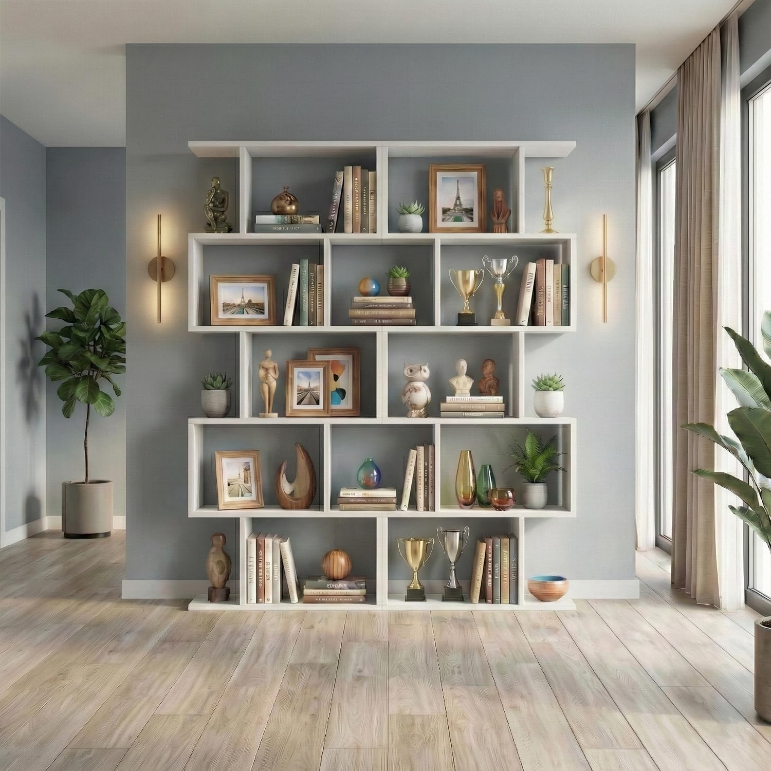 DIYART 5-Tier Geometric Bookcase (Set of 2), 62.6' Tall S-Shaped Bookshelf & Room Divider, Modern White Freestanding Display Shelving Unit for Living Room, Hallway, Home Office