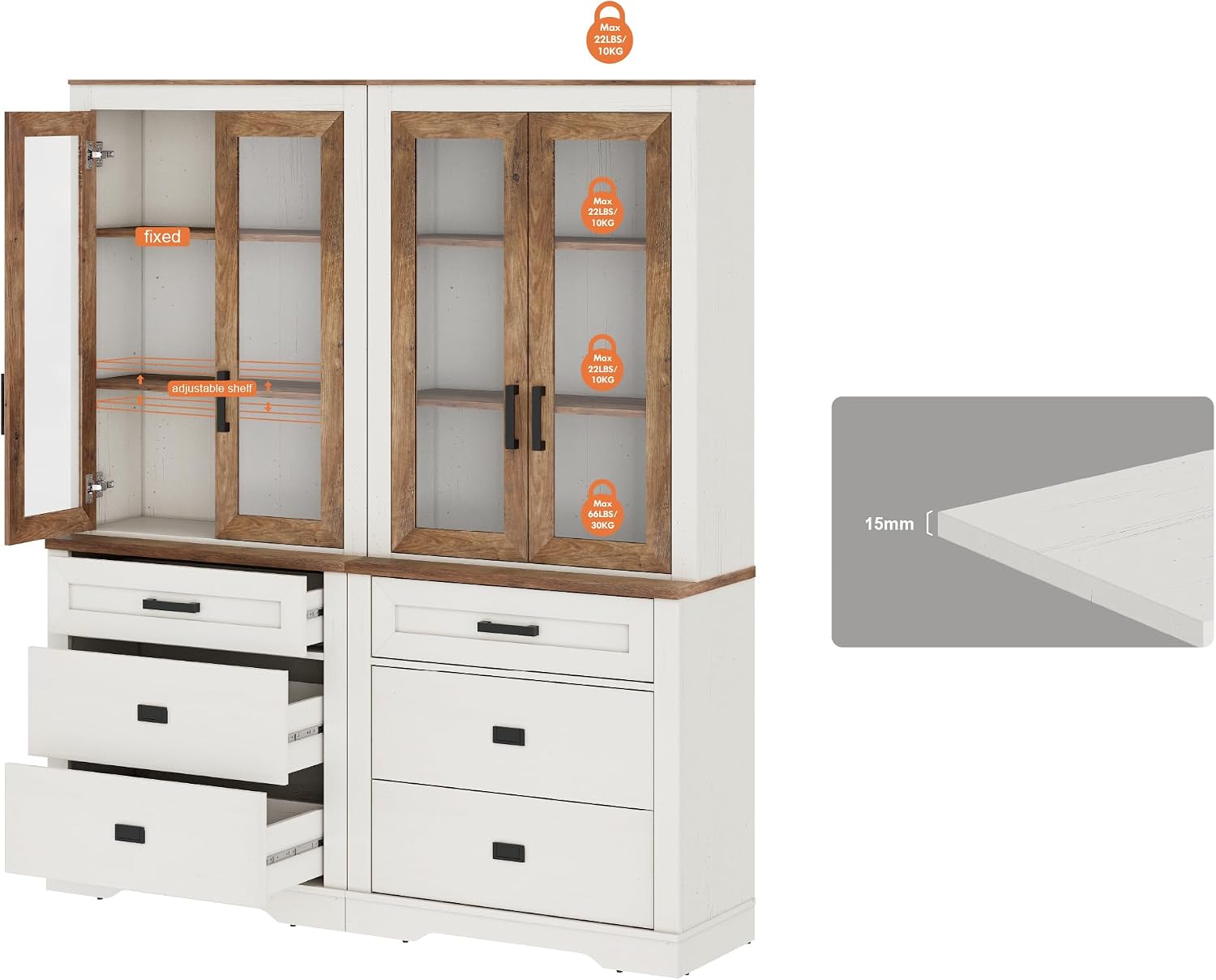 WAMPAT 2 Column 73.3' Tall Bookcase with Glass Door, 63' Wide Rustic Wood Bookshelves with Chest of Drawers, Modern Farmhouse Display Storage Cabinet with Adjustable Shelves for Home,Office,White&Oak