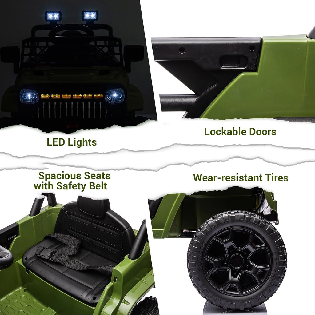 12V Ride On Car for Kids Electric Vehicle Toddlers Battery Powered Truck Car Toy with Remote Control, 4-Wheel Suspension, Battery Display, LED Lights, Music, for Boys Girls, Army Green
