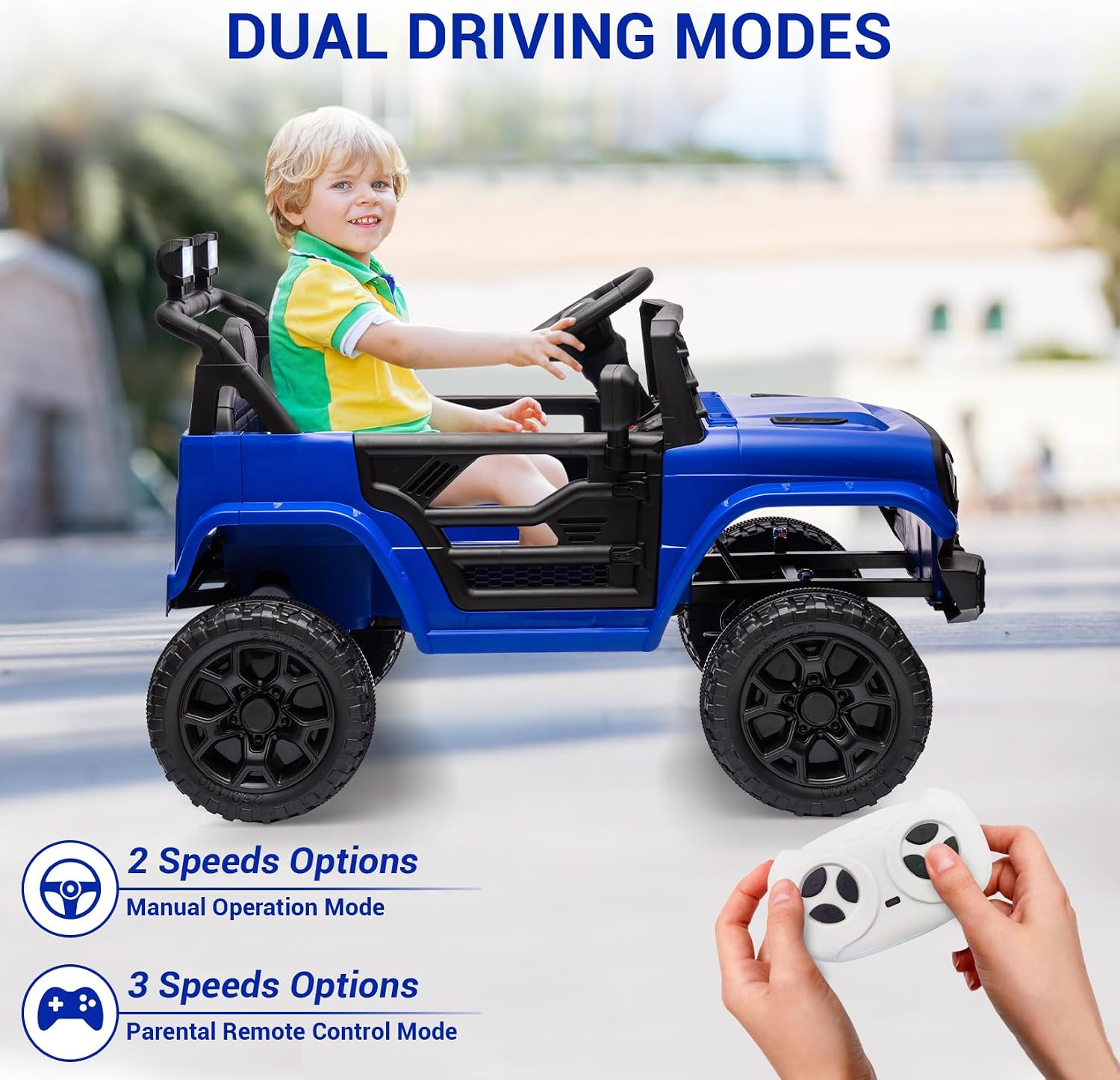 12V Ride On Car for Kids Electric Vehicle Toddlers Battery Powered Truck Car Toy with Remote Control, 4-Wheel Suspension, Battery Display, LED Lights, Music, for Boys Girls, Dark Blue