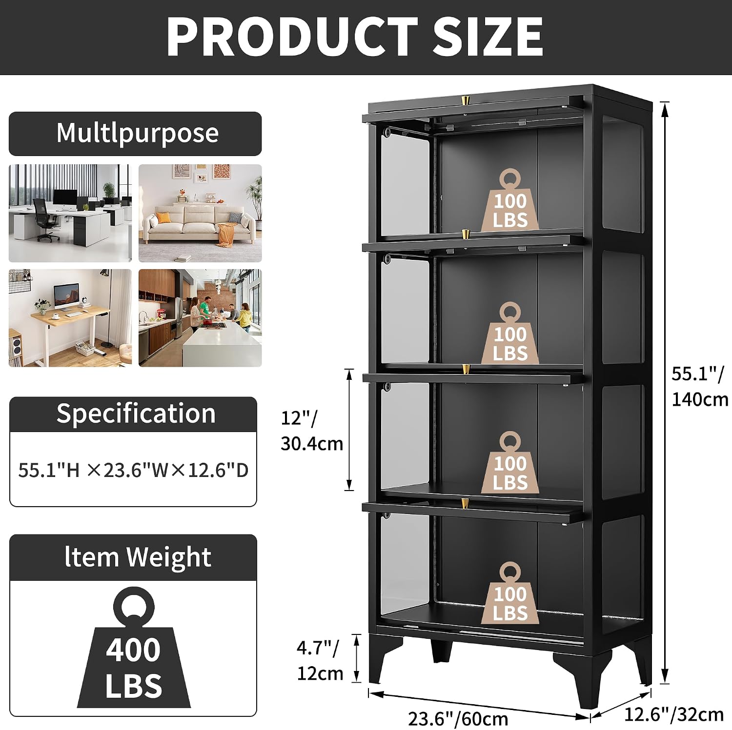 Lucky Monet 4 Tier Curio Display Cabinet with 13-Color LED Lights & Flip-Up Glass Doors, 3-Side Glass Lighted Display Case for Collectibles, Figures, Books, 55' Metal Storage Cabinet, Black