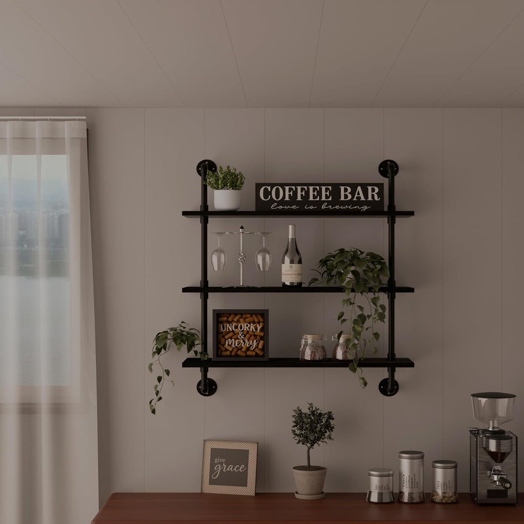 HDDFER Industrial Pipe Shelf Shelving Bookcase, Wall Mounted Rustic Bookshelf, Floating Bookshelves for Wall,Retro Wood Metal Pipe Industrial Shelves for Living Room