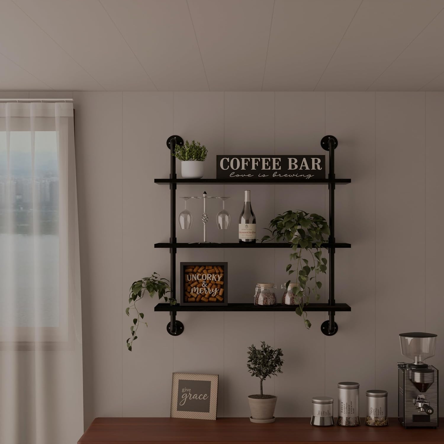 HDDFER Industrial Pipe Shelf Shelving Bookcase, Wall Mounted Rustic Bookshelf, Floating Bookshelves for Wall,Retro Wood Metal Pipe Industrial Shelves for Living Room