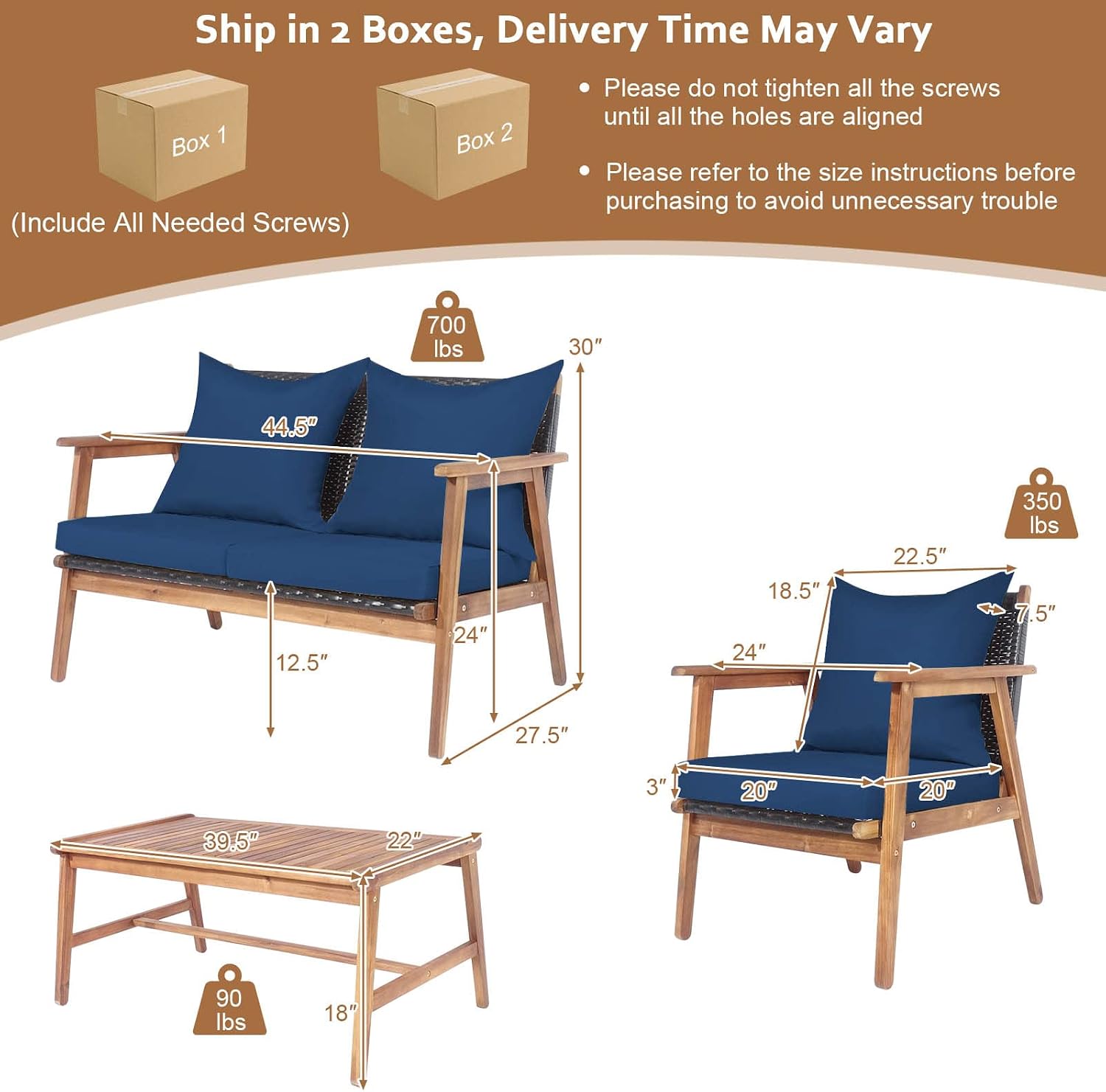 Tangkula 4-Piece Patio Furniture Set, Outdoor Acacia Wood Conversation Set with Cushions and Coffee Table, Outdoor PE Wicker Sectional Sofa Set for Garden, Poolside and Backyard (1, Navy)