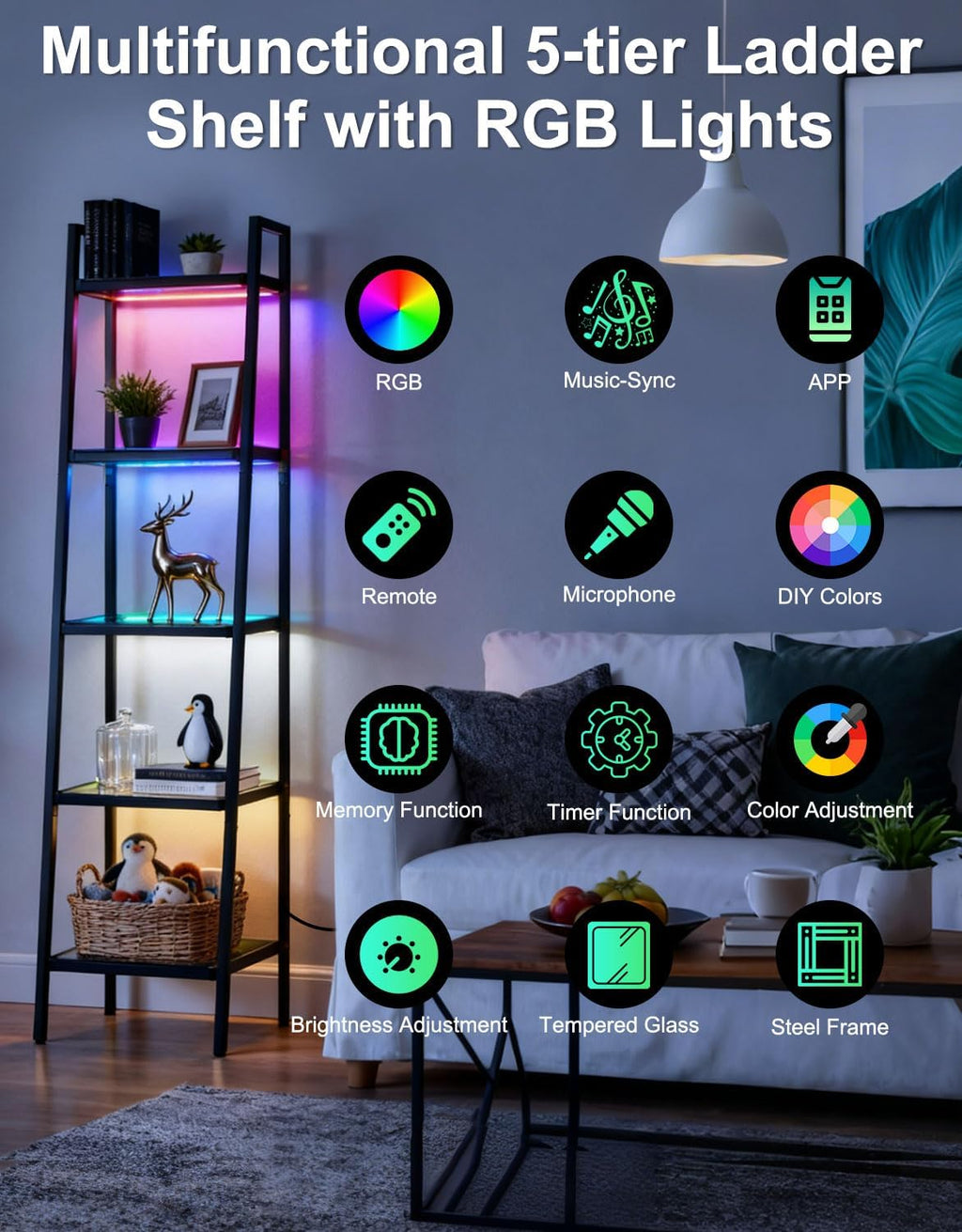 5-Tier Glass Display Shelf with RGB Light, 67' Ladder Bookshelf, Music Sync & 3 CCT, Dimmable App/Remote, Modern Freestanding Corner Storage Rack, Metal Organizer for Living Room Home Office, Black