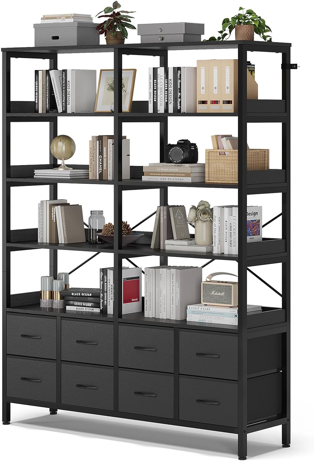 HAUOMS Bookshelf with 8 Fabric Drawers, 7-Tier Bookcase with Baffles Display Shelves, Industrial Large Book Shelf for Living Room Home Office, Black