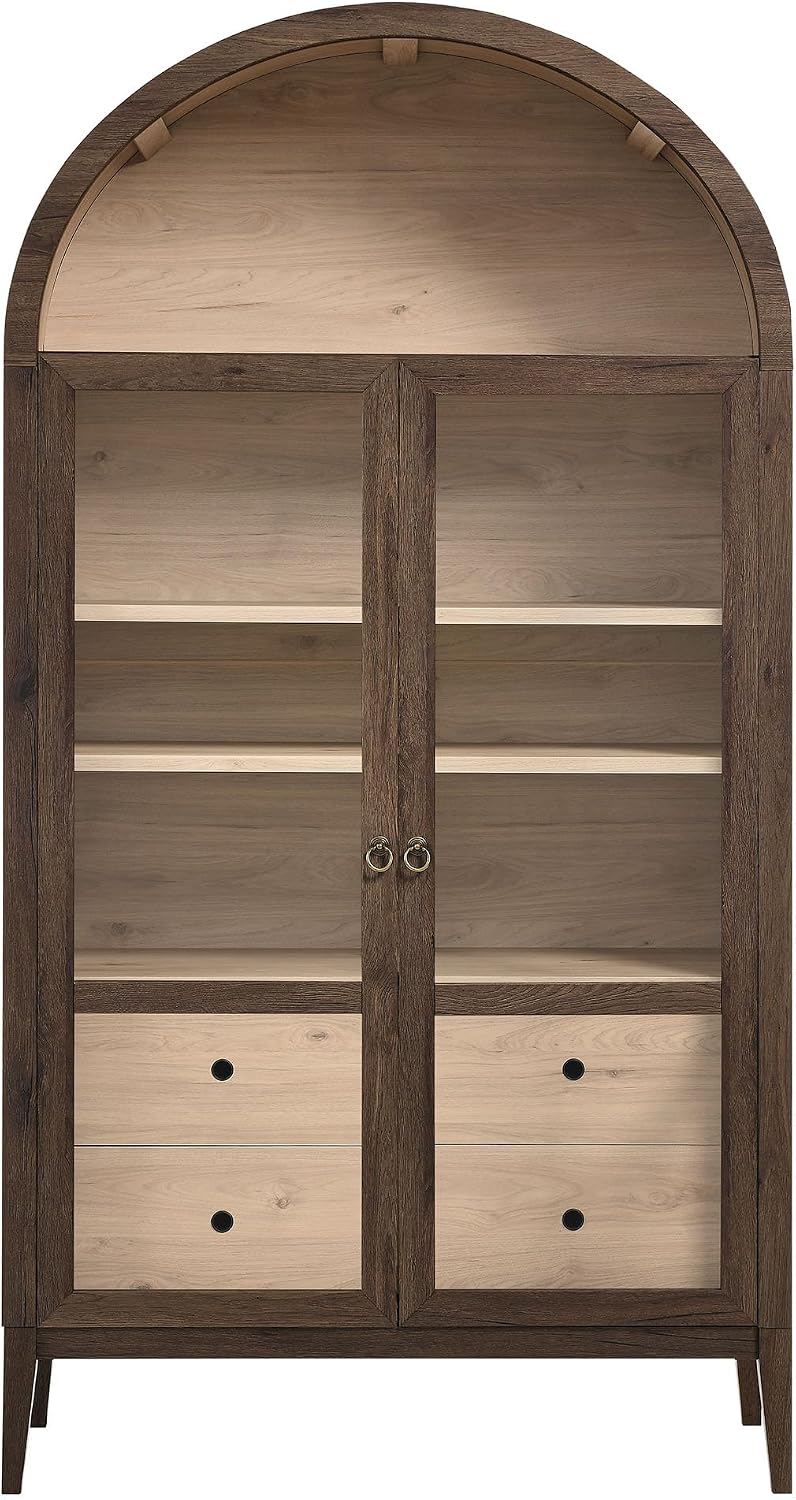 Modway Nolan Tall Arched Storage Display Cabinet in Walnut Light Oak - 74 Inch Arch Bookshelf with Glass Doors, Shelves and Drawers - Modern Accent Cabinet for Living Room, Dining Room