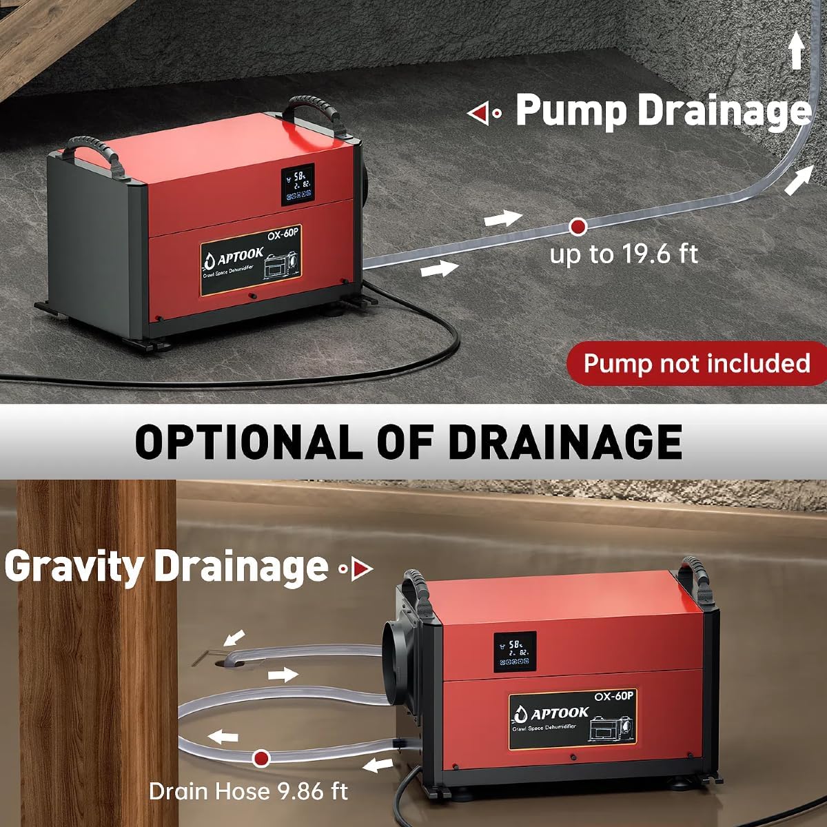110 Pints Commercial Dehumidifier with Drain Hose, Crawl Space Dehumidifier for Water Damage Restoration, Flood Repair, Crawlspace and Basement, Red