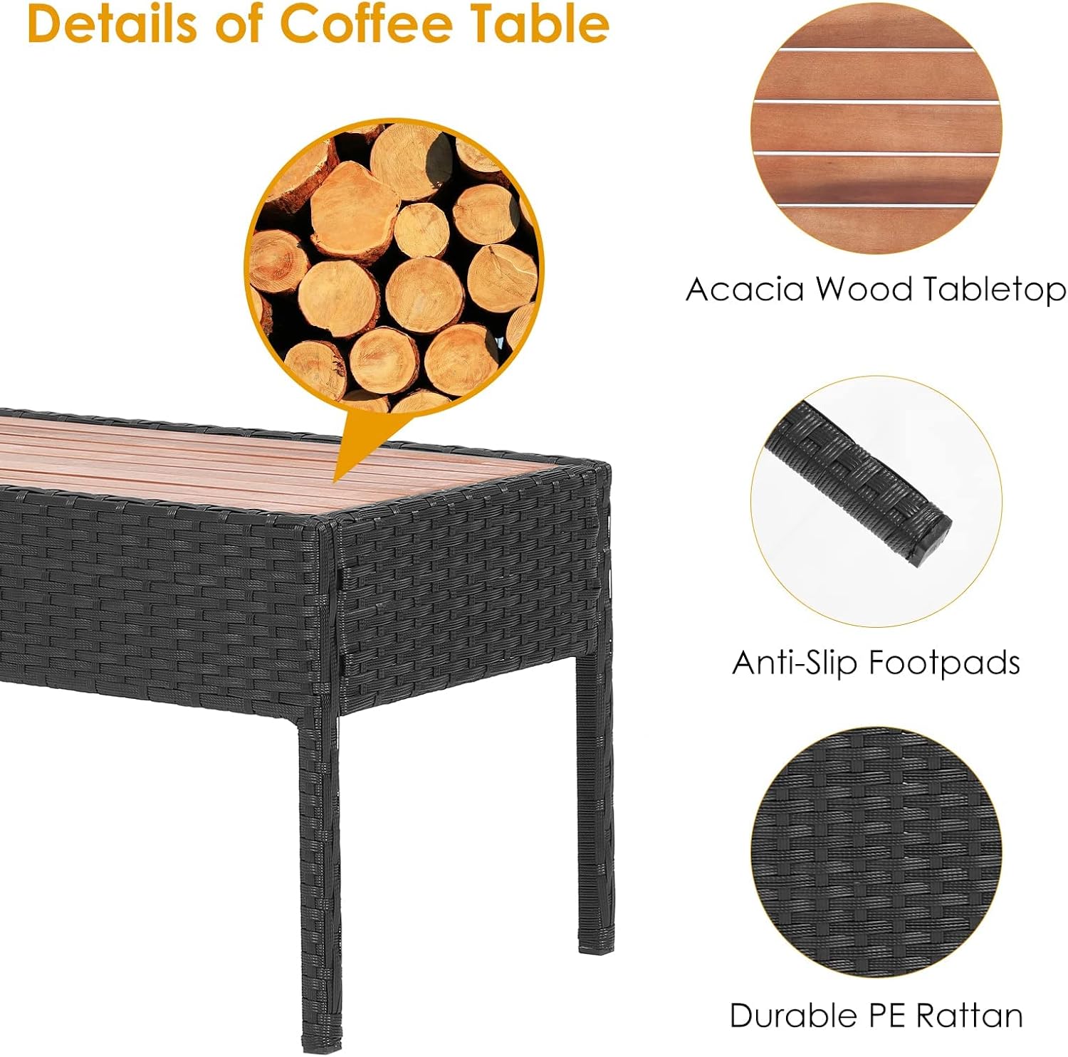 Tangkula 4 Piece Patio Rattan Conversation Set, Outdoor Wicker Sofa Furniture with Loveseat & 2 Single Chairs, Acacia Wood Tabletop, Outside Sectional for Poolside, Deck, Garden (1, Black)